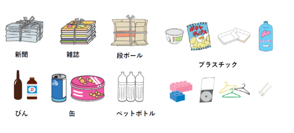 イラスト：新聞、雑誌、段ボール、びん、缶、ペットボトル、プラスチック
