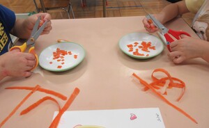 写真；堆肥作りのため、にんじんをハサミで切っている様子