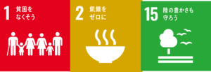 画像：SDGsマーク1番、2番、15番