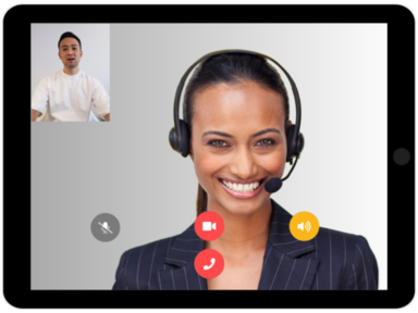 テレビ電話で通訳と会話している