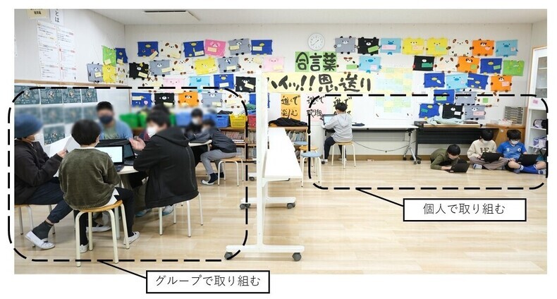 グループで取り組む児童、個人で取り組む児童の様子